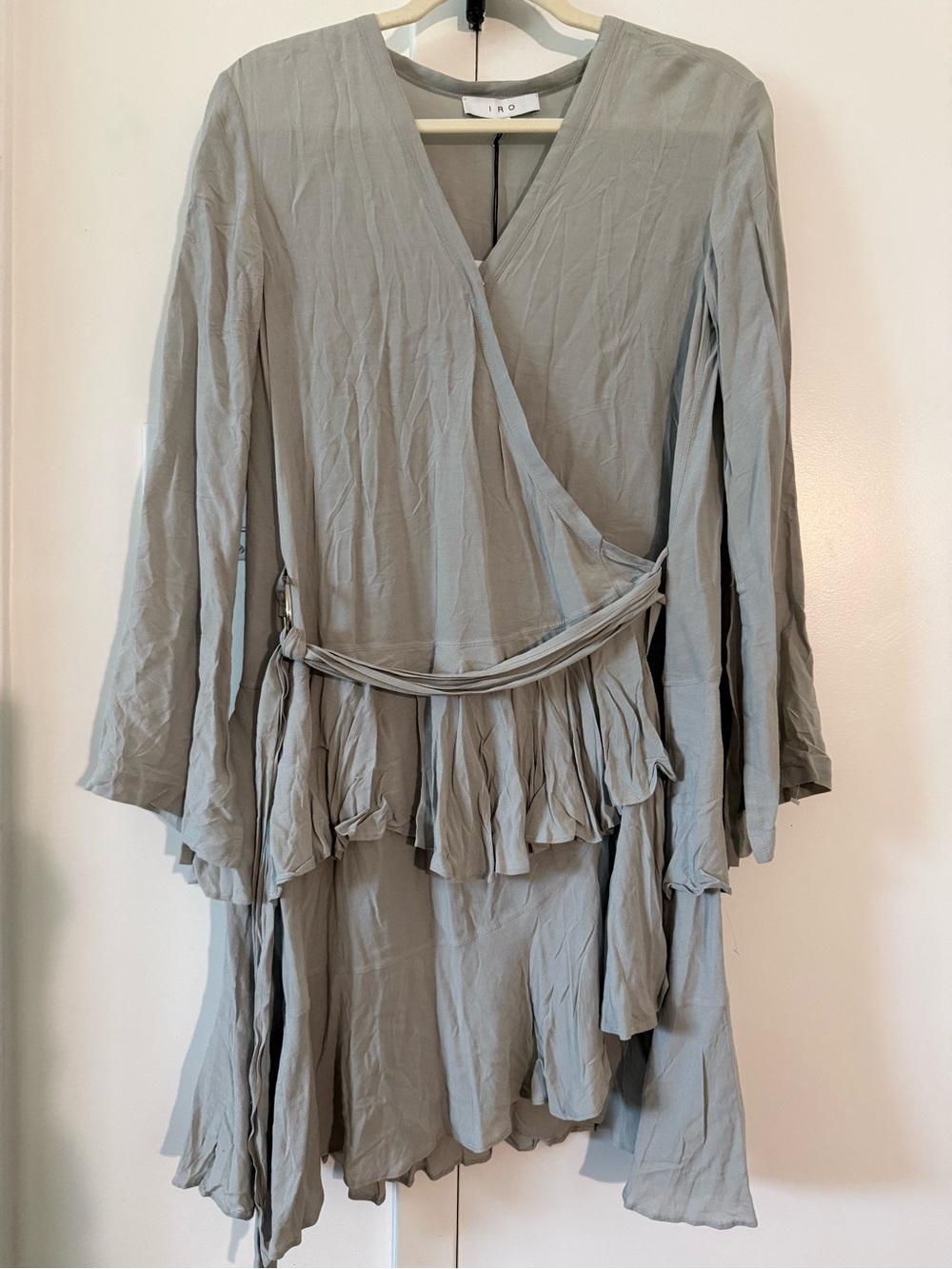 IRO Light Gray Long-Sleeve Wrap Dress with Ruffle Hem